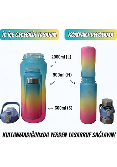 3'lü Motivasyonel Matara Seti, İç İçe Geçebilir Tasarım, 2000ml, 900ml Ve 300ml, Gradyan Renk Seçenekleri, Sticker Ve Pipet Hediyeli Gece Yarısı 0