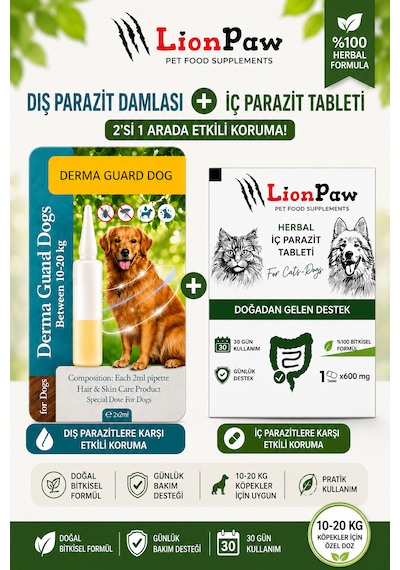 2'li Set 10-20 Kg Köpekler Için Bitkisel Iç Tablet Dış Ense Bitkisel Damla Seti - 1 Damla 2 Tablet