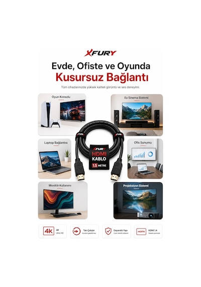 Fury 1.5 Metre Hdmı Kablo 4k Ultra Hd Hdmı 1.4 18gbps Ethernet Arc 3d Full Hd Tv Ps5 Laptop