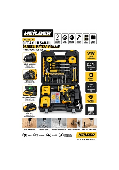 Heilber Ba0115370 Çift Akülü Şarjlı Darbeli Matkap Vidalama Led Şarj Göstergeli, Tork Ayarlı, Anahtarsız M