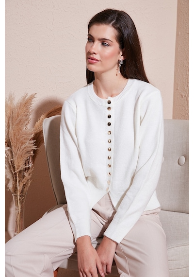 Lela Premium Comfort Fit Yuvarlak Yaka Crop Triko Bayan Hırka 680Hi00164 Ekru