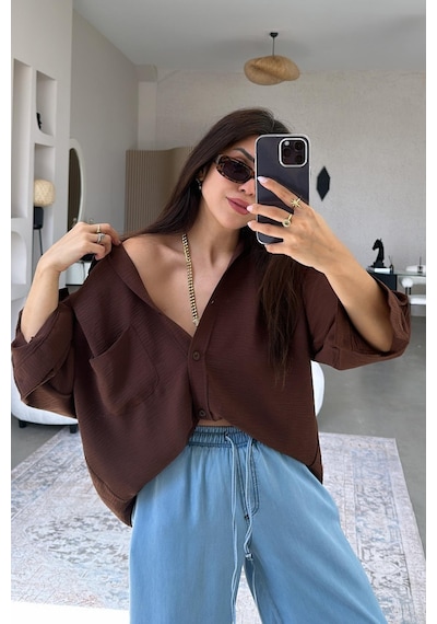Paw Garage Kadın Flory Ayrobin Oversize Tek Cep Gömlek Kahverengi