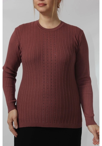 Moda Berray Taş İşleme Detaylı Çizgi Örgü Desenli Kazak Vişne Çürüğü Bordo