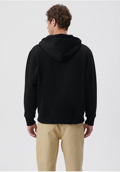 Erkek Mavi Logolu Kapüşonlu Fermuarlı Sweatshirt-siyah Siyah