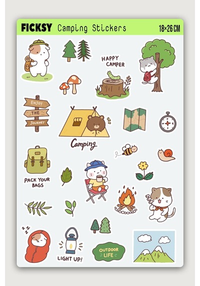 Kawaii Stili Sevimli Hayvanlar Kamp, Macera, Doğa Temalı Sticker Seti - 24 Adet Etiket Çıkartma Diğer
