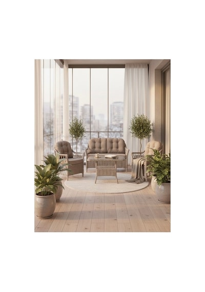 Dora Garden Home Inci 2+1+1 Rattan Bahçe Takımı Masalı Açık Gri Siyahçizgili