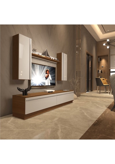 Decoraktiv Eko 5db Mdf Std Tv Ünitesi Tv Sehpası - Ceviz Beyaz Ahşap - Beyaz