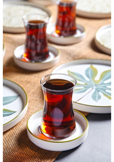 KitchenLife 18 Parça Stackable Güz Yaprak Çay Bardaklı Kahvaltı Takımı Çay Seti Çok Renkli