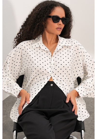 Bigdart Kadın Oversize Puantiyeli Gömlek 20392 - Beyaz
