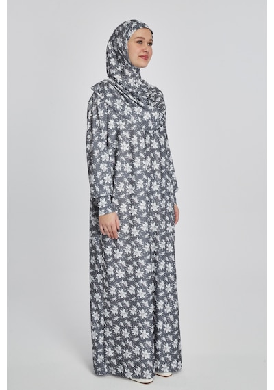 Manolyaşal İslamic Hijab Pratik Tek Parça Manolya Desenli Namaz Elbisesi Füme