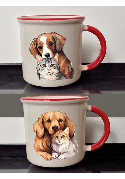 Kedi Ve Köpek 2li Ağzı Kırmızı Kupa - Kız Çocuğuna Hediye, Babaya Hediye Fikirleri, Kutu Hediye Ürün Beyaz