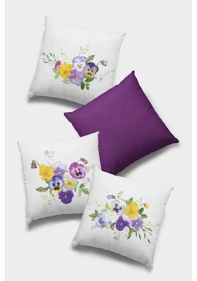 Mor Çiçek Desenli Çift Taraf 4'lü Set Kırlent Kılıfı 4kr050n11