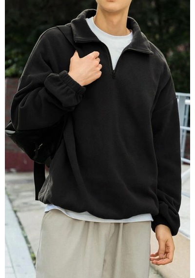 Prtnc Protonic Erkek Siyah Polar Oversize Sweatshirt Yarım Fermuarlı Siyah