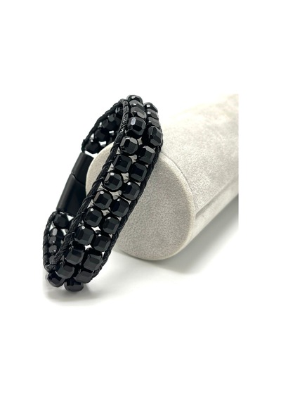 Sertifikalı Obsidyen Çift Sıra Küp Kesim Kilitli Doğal Taş Bileklik 6mm Taş Siyah