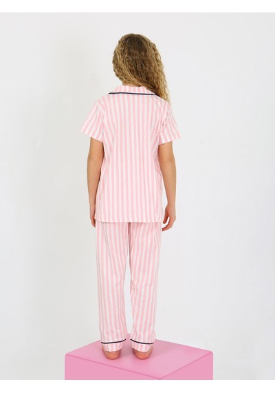 Kız Çocuk Kısa Kollu Düğmeli %100 Pamuklu Pijama Takımı Pinky Pembe