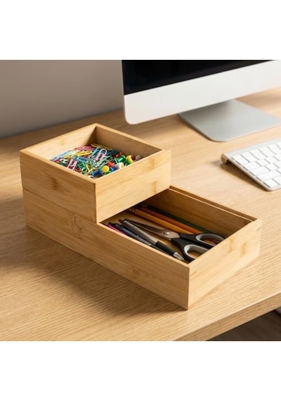 Deconox 2'li Çok Amaçlı Bambu Organizer Set - Büyük Ve Küçük Boy Banyo, Mutfak Ve Ofis Düzenleyici Kutu - Ahşap Dekoratif Saklama Seti 33x16x12 Cm & 15x15x6 Cm
