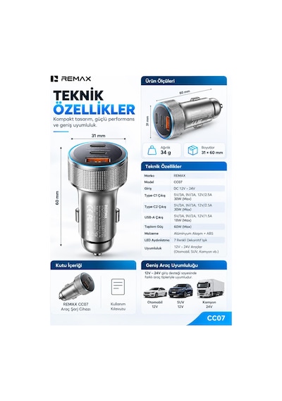 60w Işıklı Alüminyum Alaşımlı Araç Şarj Cihazı Güm