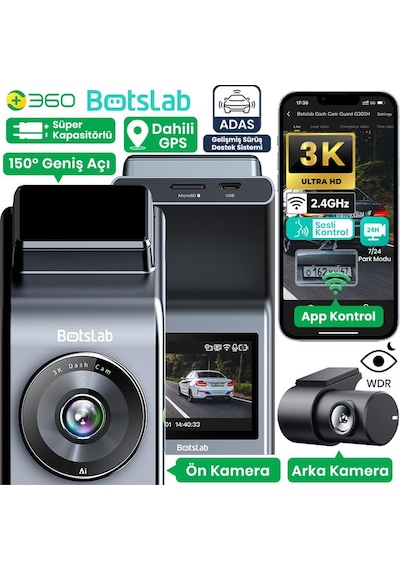360+ Botslab G300h Pro Adas 3k Ön+Arka Wifi+Gps 150 Geniş Açı Gece Görüşlü Araç İçi Kamera Dash Cam Araç Kamerası+Wdr+lcd Ekran+G-Sensör+Sesli Kontrol