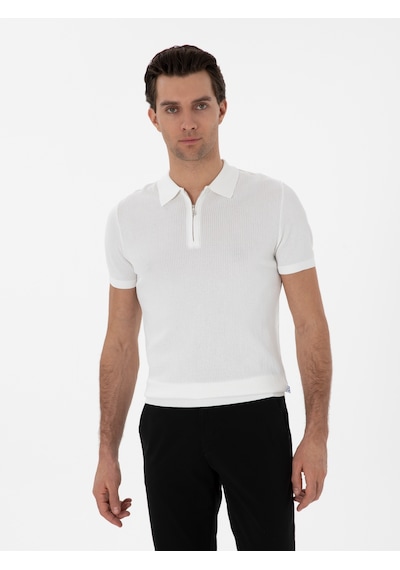 Ekru Slim Fit Fermuarlı Polo Yaka Triko T-shirt Bej