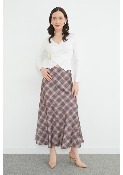 Fullamoda Ekose Desenli Maxi Boy Saten Etek Vizon