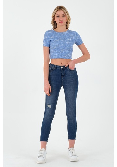 Kadın Basic Kaşkorse Kumaş T-shirt Mavi