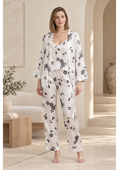 Loule Kadın Beyaz-siyah Çiçekli Kimonolu Saten Pijama Takımı Beyaz - Siyah