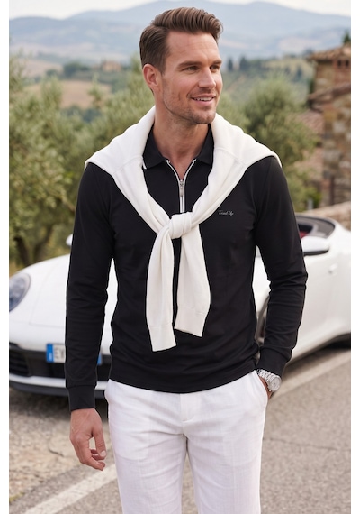 Deepsea Erkek Slim Fit Tüylenmeyen Fermuarlı Polo Yaka Siyah Sweatshirt Yumuşak Dokulu Sweat 2708517 Deepsea Erkek Slim Fit Tüylenmeyen Fermuarlı Polo Yaka Siyah Sweatshirt Yumuşak Dokulu Sweat 2708517