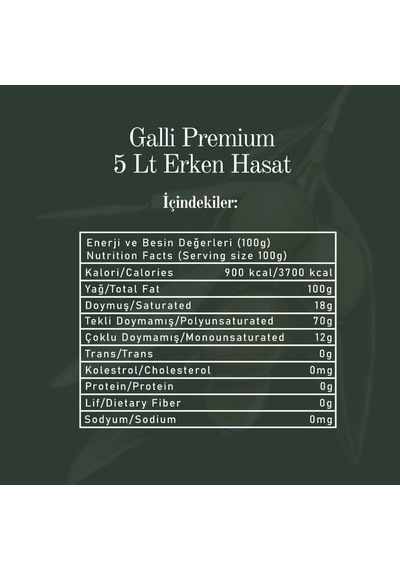 Galli Premium 5 Litre Teneke Soğuk Sıkım Zeytinyağı
