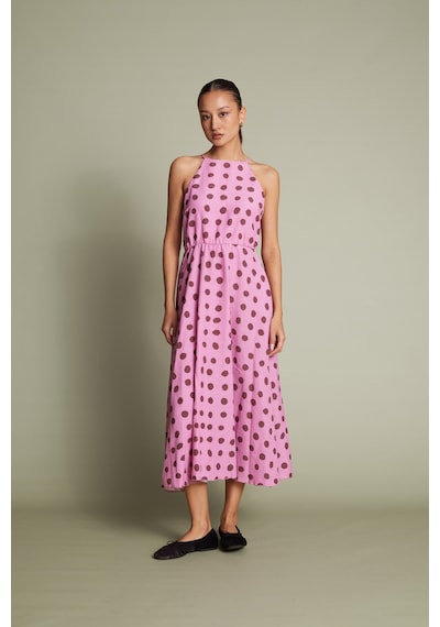 Keten Karışımlı Puantiye Desenli Halter Yaka Maxi Elbise Pembe