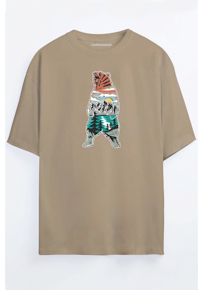 Orman Ayı Baskılı Unisex Siyah - Beyaz - Turuncu - Bej Oversize T-shirt Bej