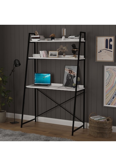 Asra Trend Metal Kitaplıklı Çalışma Masası METALKÇM01 %100 MDF Raf Üniteli Beyaz