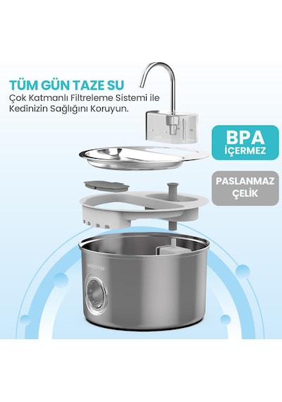 Haustier Wf009ls-m Otomatik Kedi Su Çeşmesi,kedi Su Sebili, Su Pınarı 3.5lt Geniş Hazne, Sus304 Çelik, Çok Katman