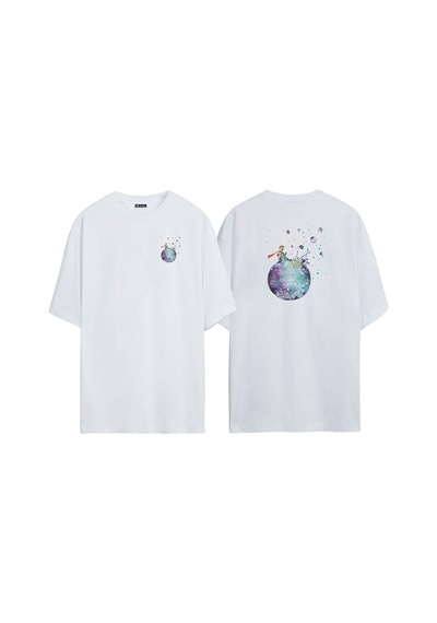 Thewert Unisex Küçük Prens Suluboya Ön Arka Baskılı Beyaz Oversize T-shirt