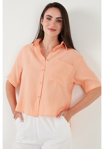 Lela Regular Fit Göğüs Cepli Kısa Kollu Bayan Gömlek 6779324 Oranj