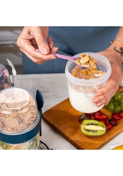 650 Ml Take-go Kaşıklı Hazneli Meyveli Müsli Kabı Piknik Iş Yoğurt Süt Bardağı Kapaklı Ve Kaşıklı Kahvaltı Bardakları, Tahıl Tepesi Yulaf Ezmesi Granola Beyaz 7009