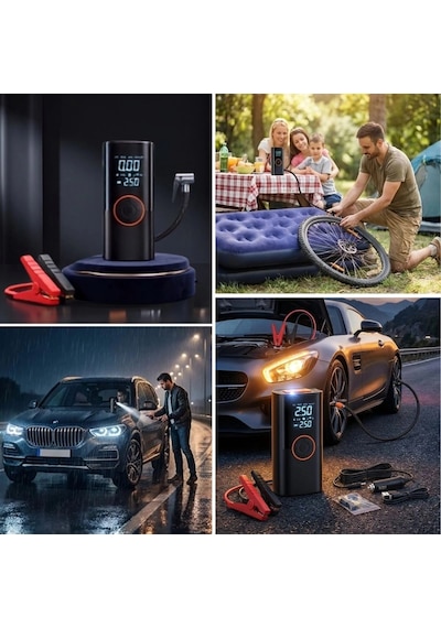 Akü Takviye Cihazı Ve Lastik Şişirme Pompası Powerbank Özellikli, Dijital Ekranlı Sos Fenerli Taşınabilir Kompresör Bx40