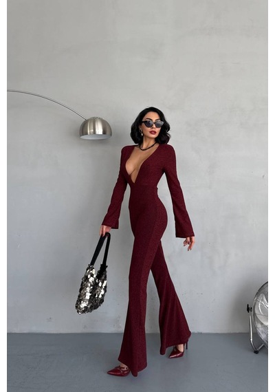 Neşeli Butik Kadın Bordo Dekolteli Novel Sim Maxi Tulum Nbdf118