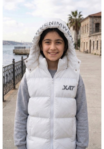 Pina Kids Unisex Çıtçıt Kapüşonlu Baskılı Şişme Yelek Beyaz