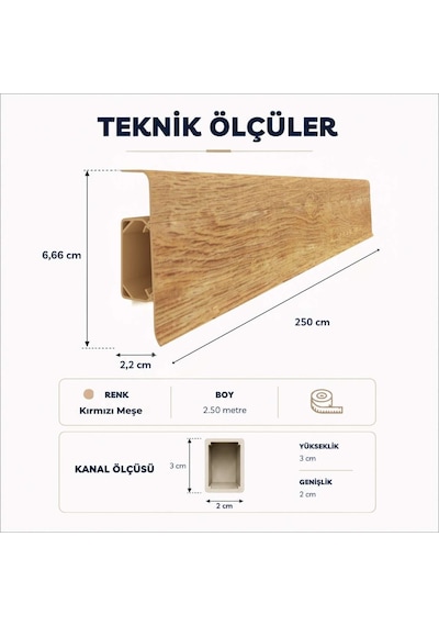 Esquero Kablo Kanallı PVC Süpürgelik 250 cm, Açılabilir Kapaklı, Kırmızı Meşe, ESQ608