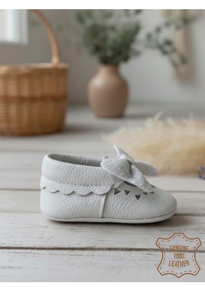 Denokids Kız Bebek Patik Hakiki Deri Taşlı Beyaz Yumuşak Taban Ayakkabı 17-21 Numara Renkli