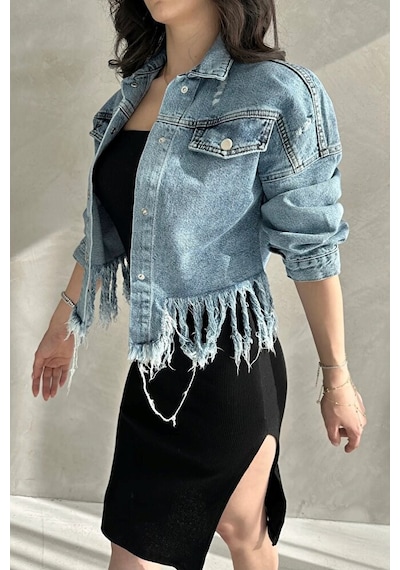 Nido Moda Püskül Detaylı Denim Crop Ceket Mavi