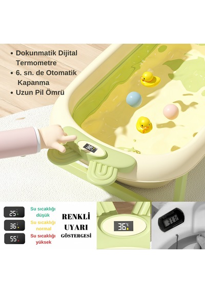 Katlanabilir Termometreli Bebek Küveti Filesi Bebek Havuzu Yeşil