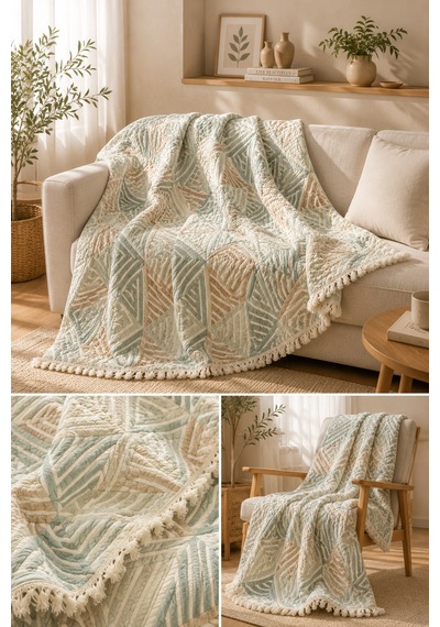 Geometrik %100 Pamuklu Müslin Yatak Örtüsü Pike , Premium Püsküllü Çift Taraflı 220x240 Mint-yeşil