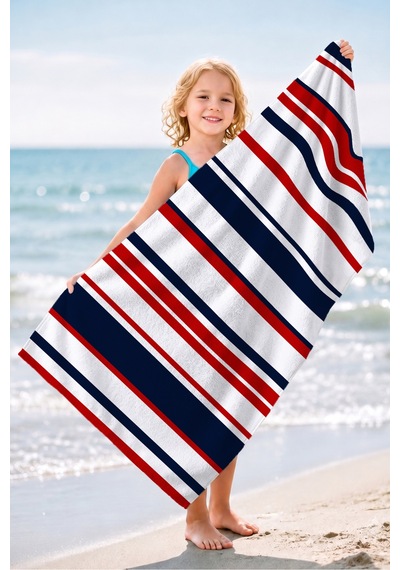 Çizgili Marine Beyaz Lacivert Plaj Havlusu - Kırmızı Çizgi Detaylı Hızlı Kuruyan Mikrofiber Havlu Kuru Defne