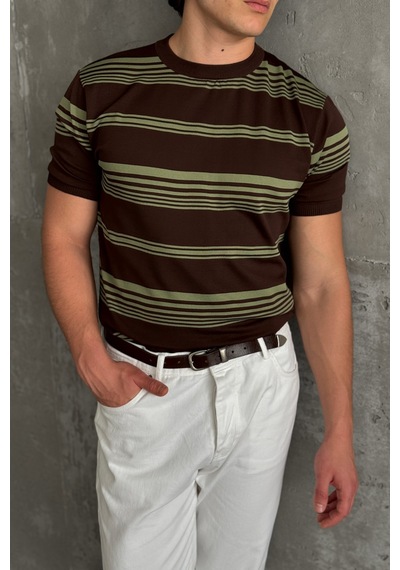 Erkek Bisiklet Yaka Oversize Çizgili Triko T-shirt Kahverengi