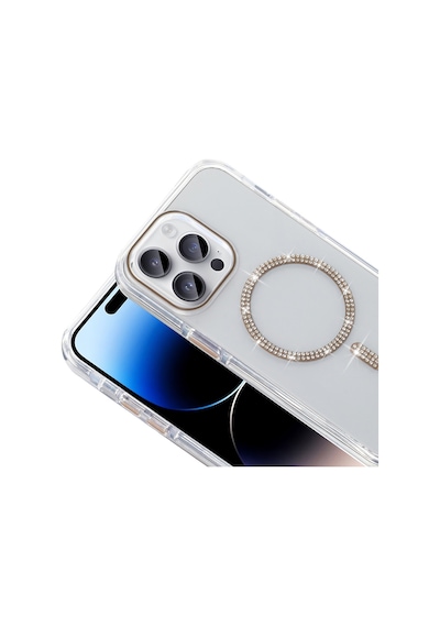 Apple Uyumlu iPhone 14 Pro Max Kılıf Taşlı Tasarım M-safe Şarj Özellikli Mkst Koment Silikon Kapak - Gold Altın