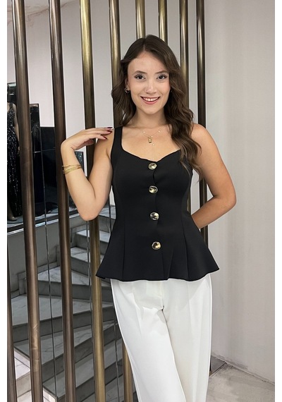 By Saygı Kadın Kalın Askılı Gold Düğmeli Eteği Volanlı Likralı Dalgıç Bluz Siyah By Saygı Kadın Kalın Askılı Gold Düğmeli Eteği Volanlı Likralı Dalgıç Bluz Siyah