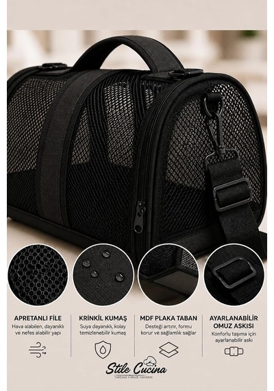Tr Fileli Kedi Ve Köpek Taşıma Çantası, Katlanabilir, 8 Kg, 42x25x28 Cm Siyah