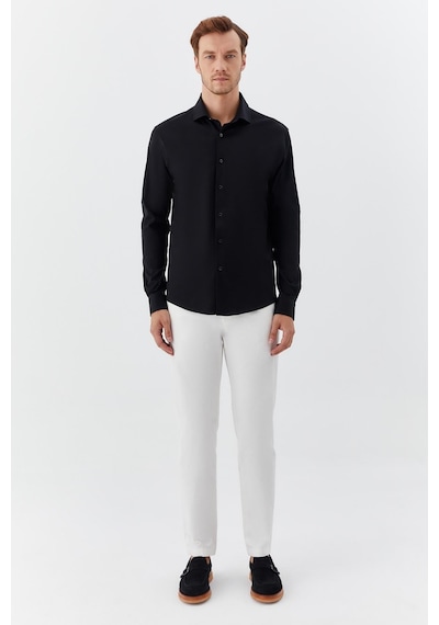 Sabri Özel Erkek Siyah Dar Kesim Slim Fit %100 Pamuk Düz Dokuma Klasik Yaka Gömlek