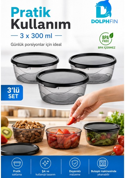 3 Lü Yuvarlak Saklama Kabı Seti 3x300 Ml Şeffaf Siyah Kapaklı Bpa İçermez